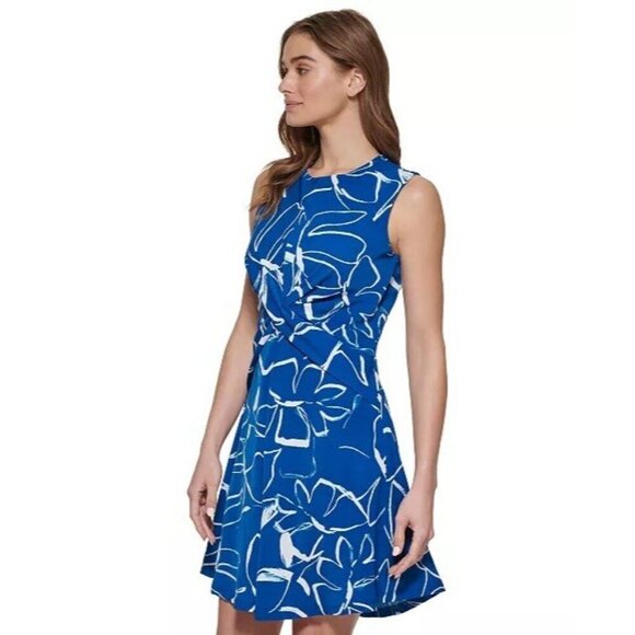 DKNY Womens Size 6 Petite Blue White Twist Front Sleeveless Fit  Flare Dress New - Picture 3 of 12